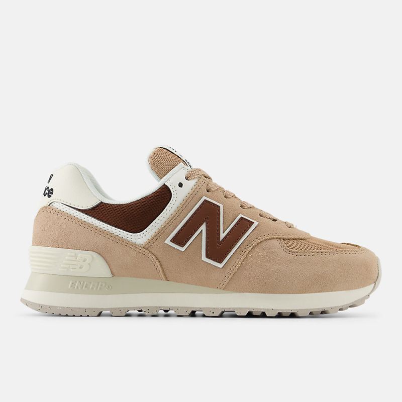 New Balance Women's 574 Shoes Flat Taupe with Rich Oak and Turtl