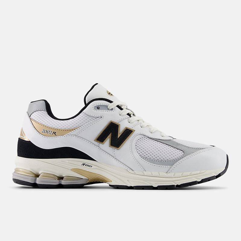 New Balance Men's 2002R Shoes White with Black and Gold Metallic