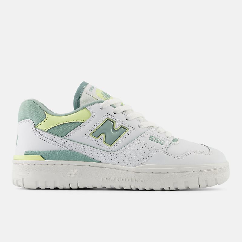 New Balance Women's 550 Shoes White with Salt Marsh and Limeligh