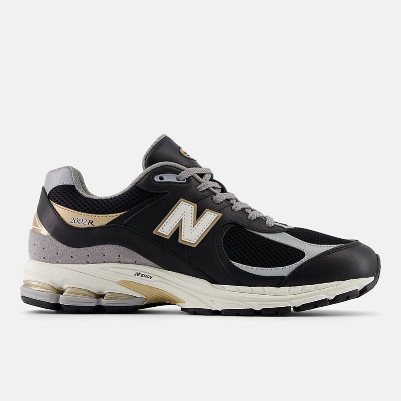 New Balance Men's 2002R Shoes Black with Sea Salt and Gold Metal